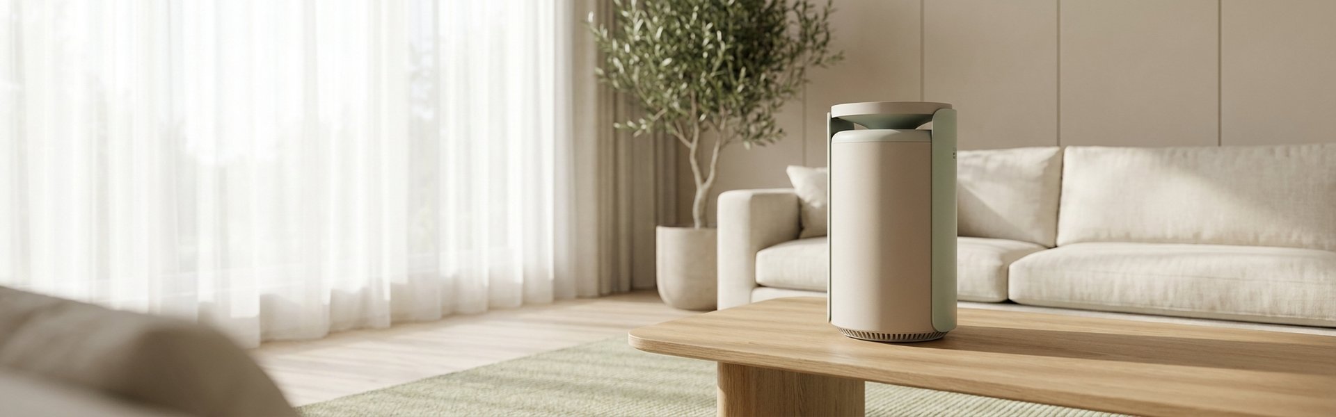 Assainisseur d'air moderne posé sur une table en bois dans un salon lumineux, avec des plantes vertes en arrière-plan
